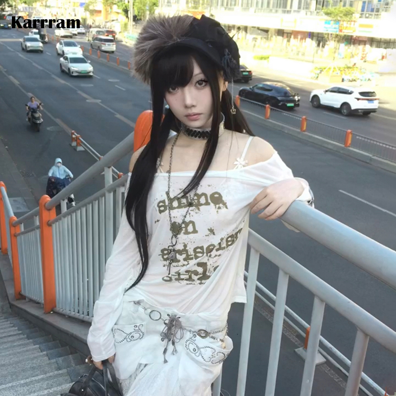 Karrram Japanese Y2k Off Shoulder Tops Trashy 2000s Style Letter Print T-shirt Knitted Vintage Harajuku Sheer Top American Retro