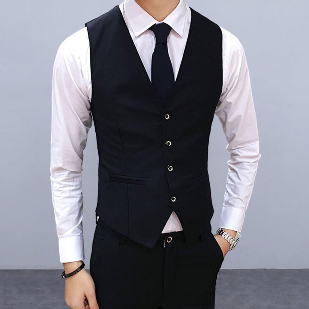 Chaleco de traje para hombre, chaleco con cuello en V sin mangas de Color sólido, cárdigan ajustado de un solo pecho, abrigo Formal de negocios, abrigo de boda para novio