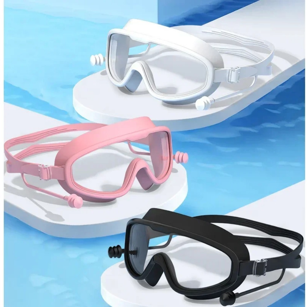 Schwimmbrille aus Silikon mit Großem Rahmen und Ohrstöpseln für Männer und Frauen, Professionelle HD Anti-Beschlag-Schwimmbrille, Schwimmzubehör