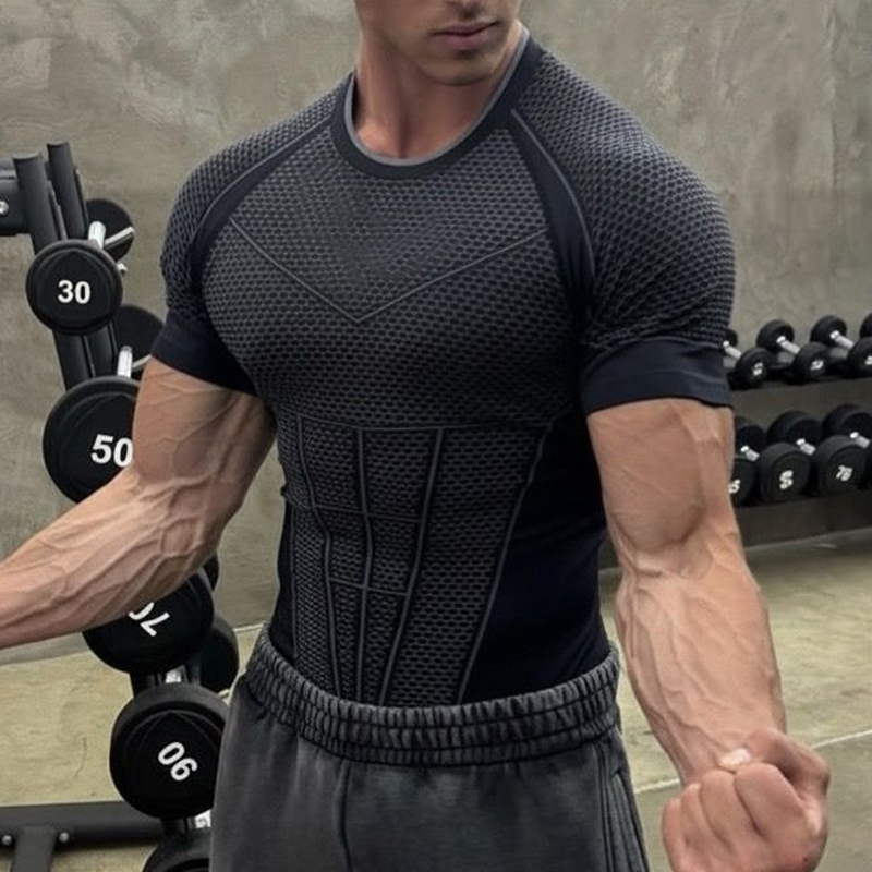 Męska koszulka sportowa z krótkim rękawem, szybkoschnąca, obcisła, idealna do ćwiczeń na siłowni, fitnessu, biegania, kulturystyki i na co dzień.