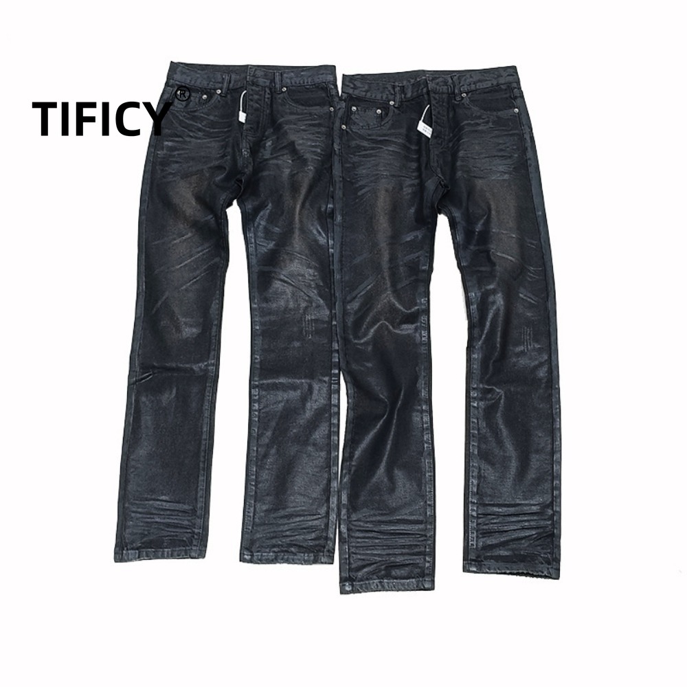 High street preto cola cera calças femininas fino ajuste perna reta gato bigode jeans streetwear casual calças jeans roupas masculinas