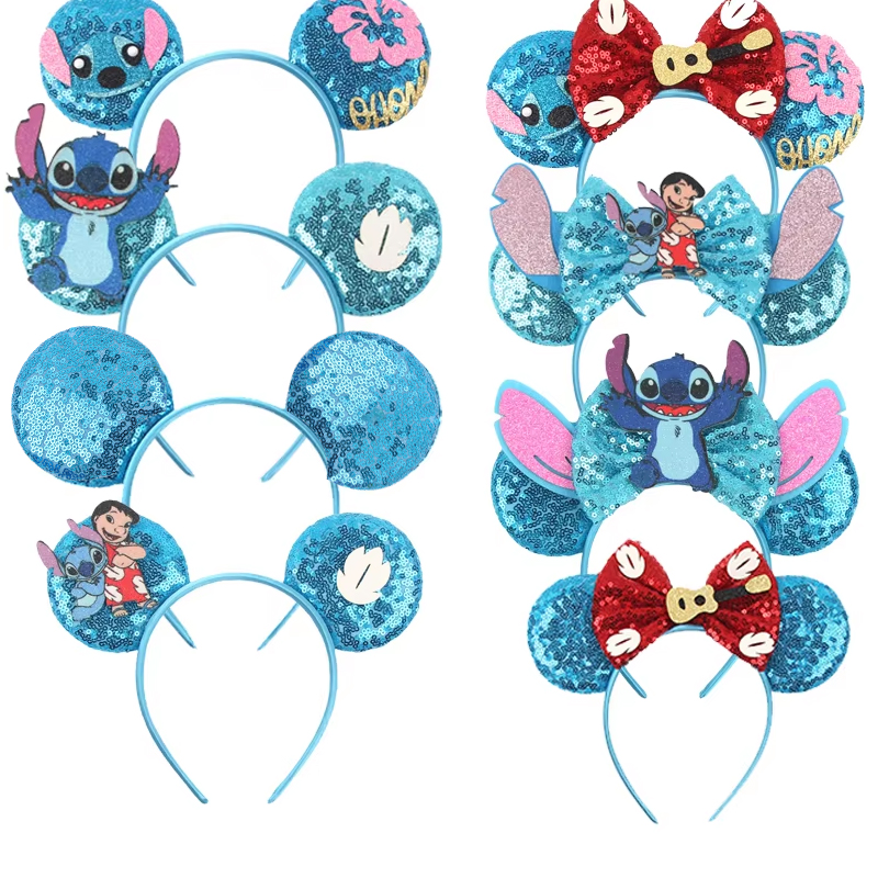 Nowe opaski do włosów Lilo i Stitch, uszy Myszki Miki, damskie akcesoria do włosów na imprezę, opaska z kreskówkowymi uszami dla dziewczynek i dzieci, cekinowa opaska z kokardą 5 cali.