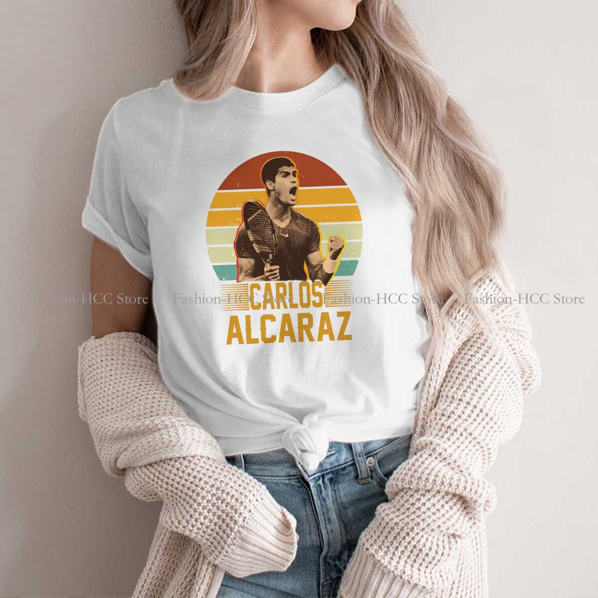 Carlos Alcaraz Retro Vintage Rundkragen Polyester TShirt Tennis Basic T Shirt Damen Kleidung Mode