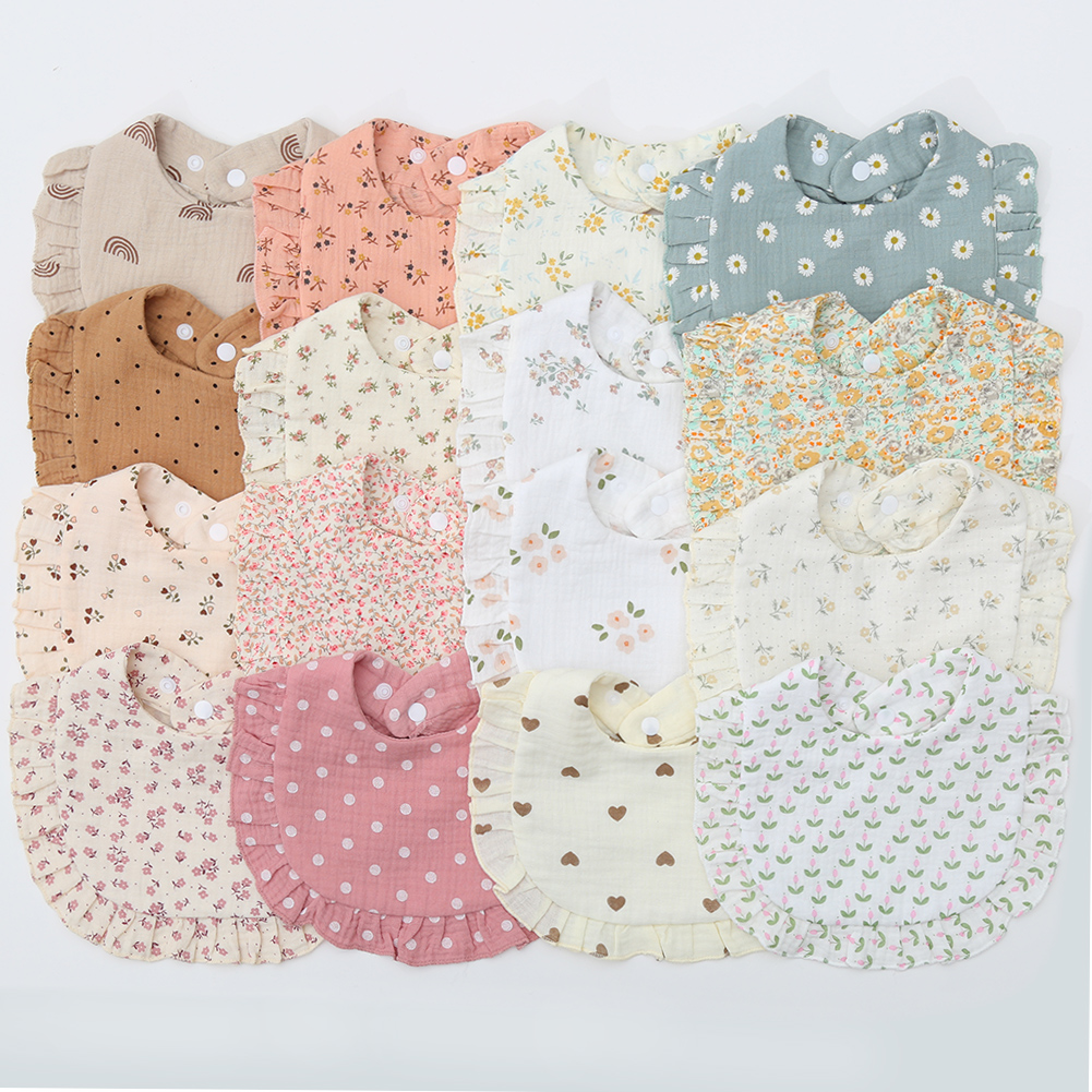 Babadores para bebês com estampa de flores, toalha de saliva com pressão ajustável, borda com babados, musselina, algodão, panos para arrotar, arco-íris, grau a, cachecol de alimentação para meninas