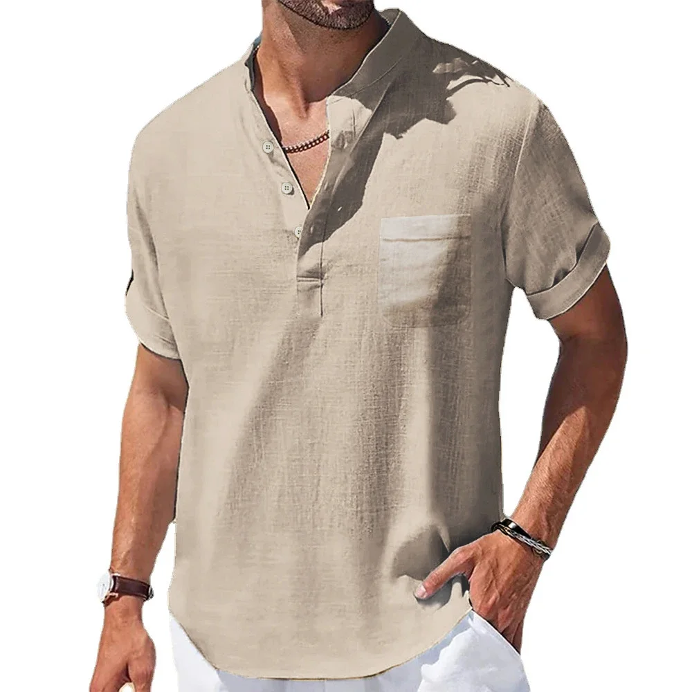 Men's Cotton Linen T-shirt Henry Collar Short-Sleeved Casual Tops Summer Hot Selling Lightweight Fashion Classic Button Top