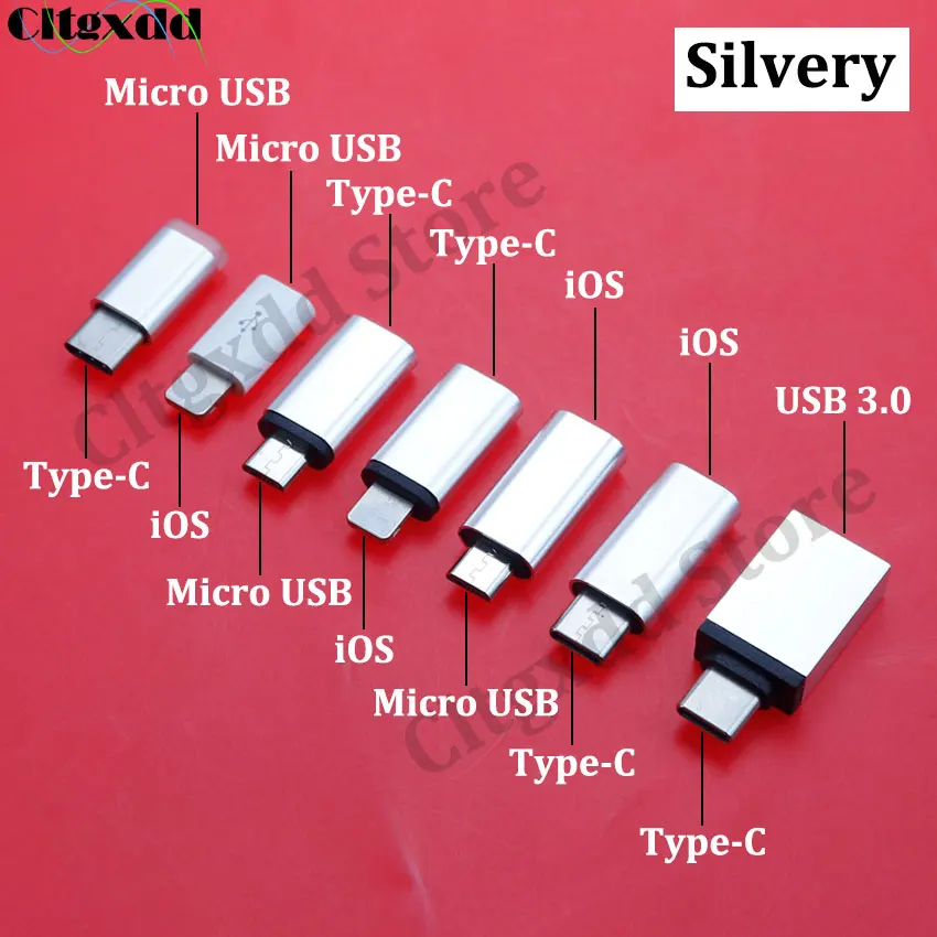 1 pieza plateada Micro USB 3,0 tipo C ios adaptador enchufe macho a hembra convertidor conector de carga para iPhone Samsung S8 S9 Xiaomi