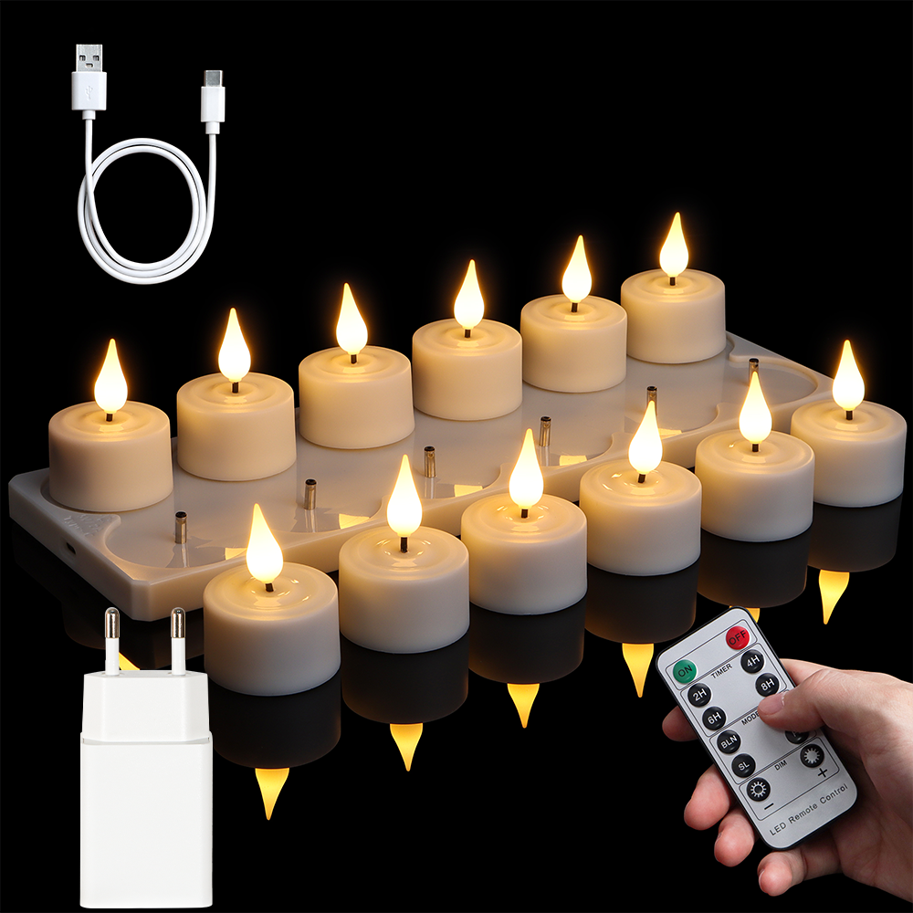 Luz LED tipo vela con temporizador, lámpara de vela sin llama intermitente recargable, luces de té con tazas negras para decoración del hogar, 6/12 Uds.