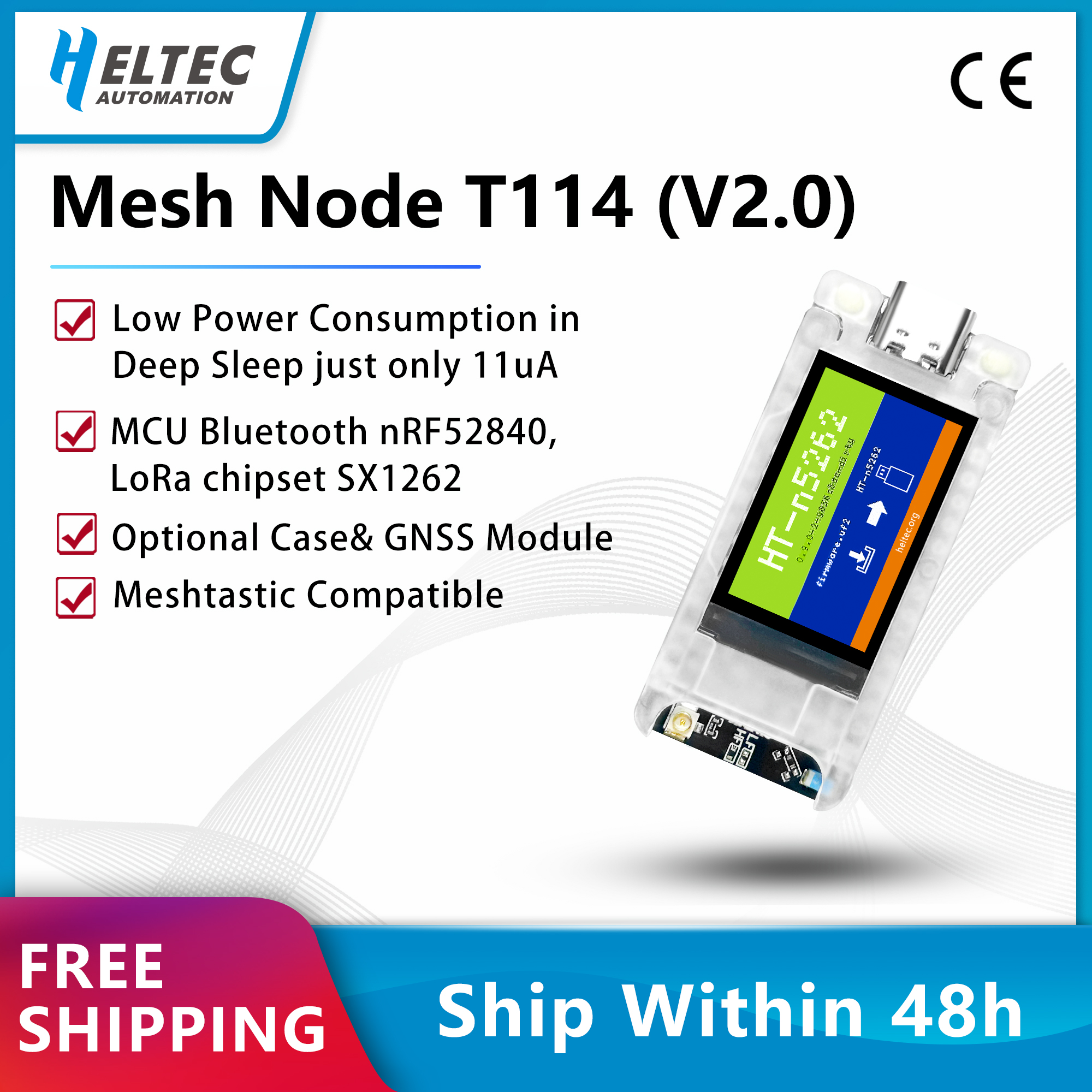 Meshtastic Nordic SX1262 LoRaWAN LoRa Arduino ตําแหน่ง Devboard Low Power จอแสดงผล TFT BLE WiFi ตาข่าย node Heltec T114 V2.0