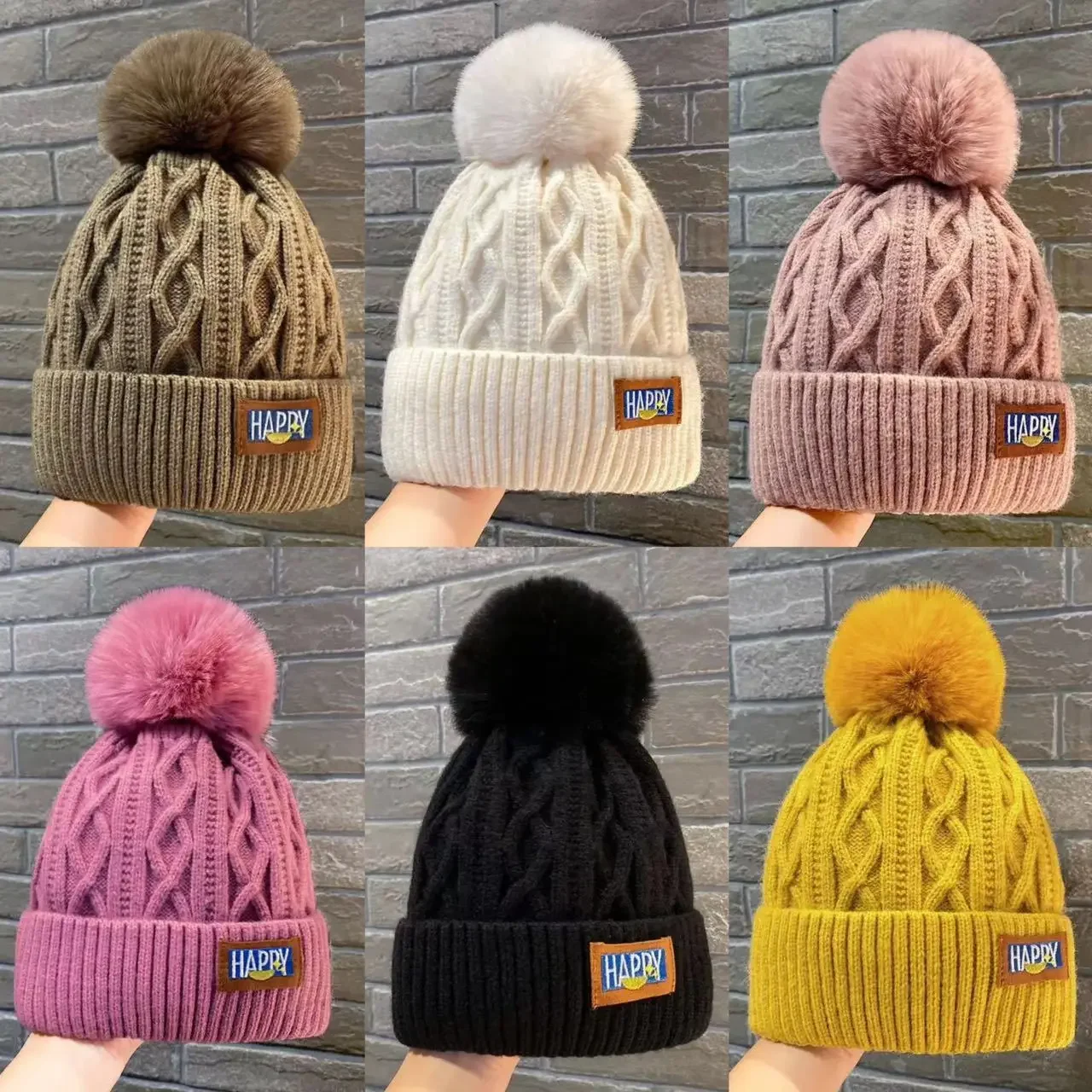 Outono e inverno feminino pompom chapéu de malha feminino cor sólida engrossar gorro de pelúcia feminino outono quente crochê chapéus