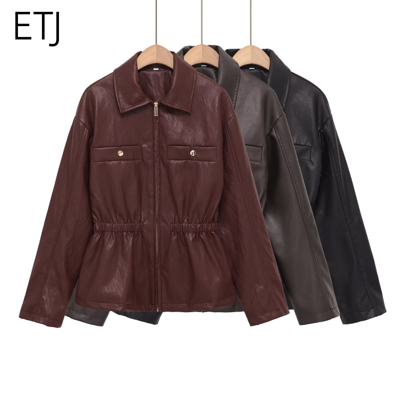 ETJ 2026 Frühjahr Neuheiten Damen Langarm-Jacke mit Revers aus Kunstleder, Stretch-Taille, Casual-Lederjacke