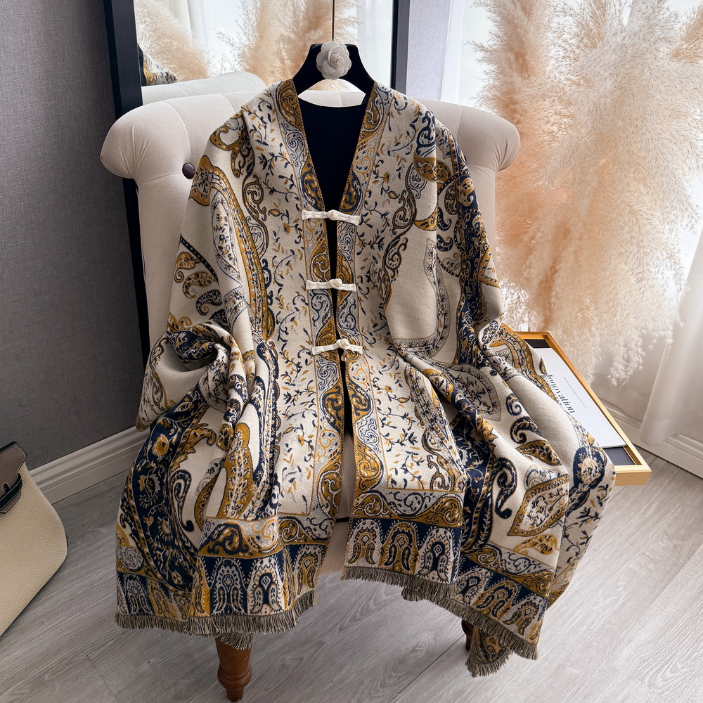 Paisley Print Reisdeken Poncho Cape Met Chinese Knopen Zacht Kasjmier Gevoel Kwastjes Sjaal Dames Winter Warme Buitenuitrusting