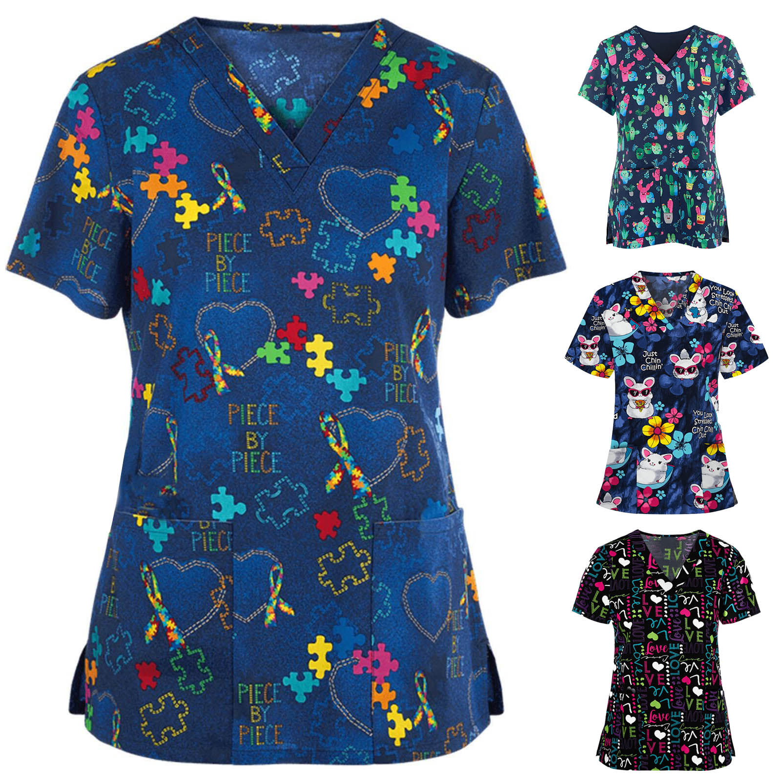 Uniforme da lavoro da donna Stampa animalier Cartoon Cat Dog Manica corta con scollo a V Top Femme Camicetta Abbigliamento da lavoro da infermiera Uniformi mediche