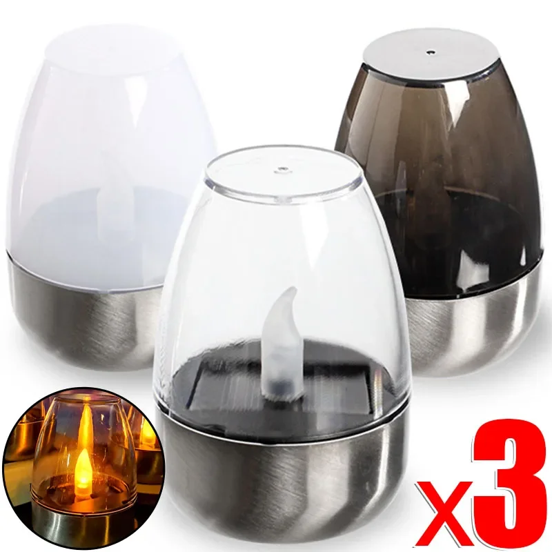 Vela Solar sin llama, luces LED nocturnas de acero inoxidable, luz impermeable para césped, decoraciones para fiesta de cumpleaños y jardín al aire libre, 3-1 Uds.