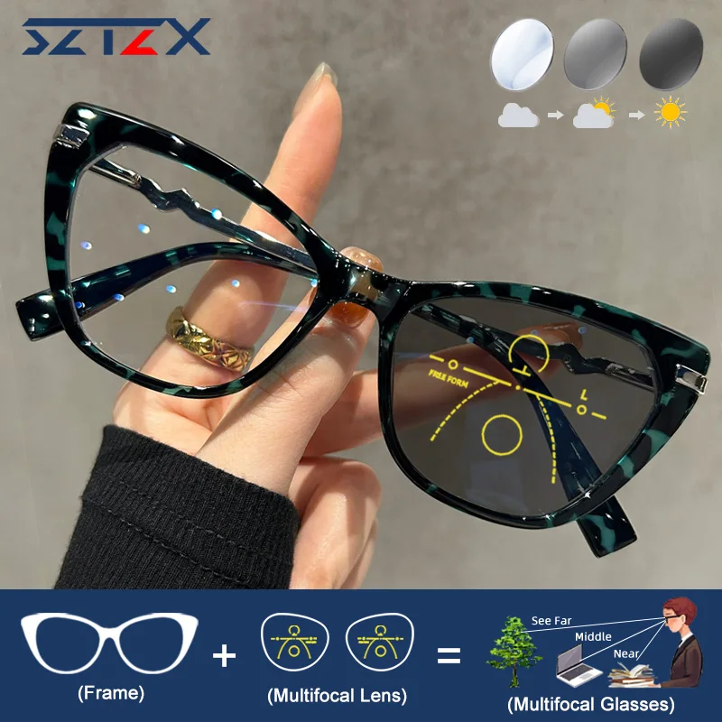SZTZX moda damska fotochromowe wieloogniskowe progresywne okulary do czytania blokujące niebieskie światło fotochromowe okulary korekcyjne