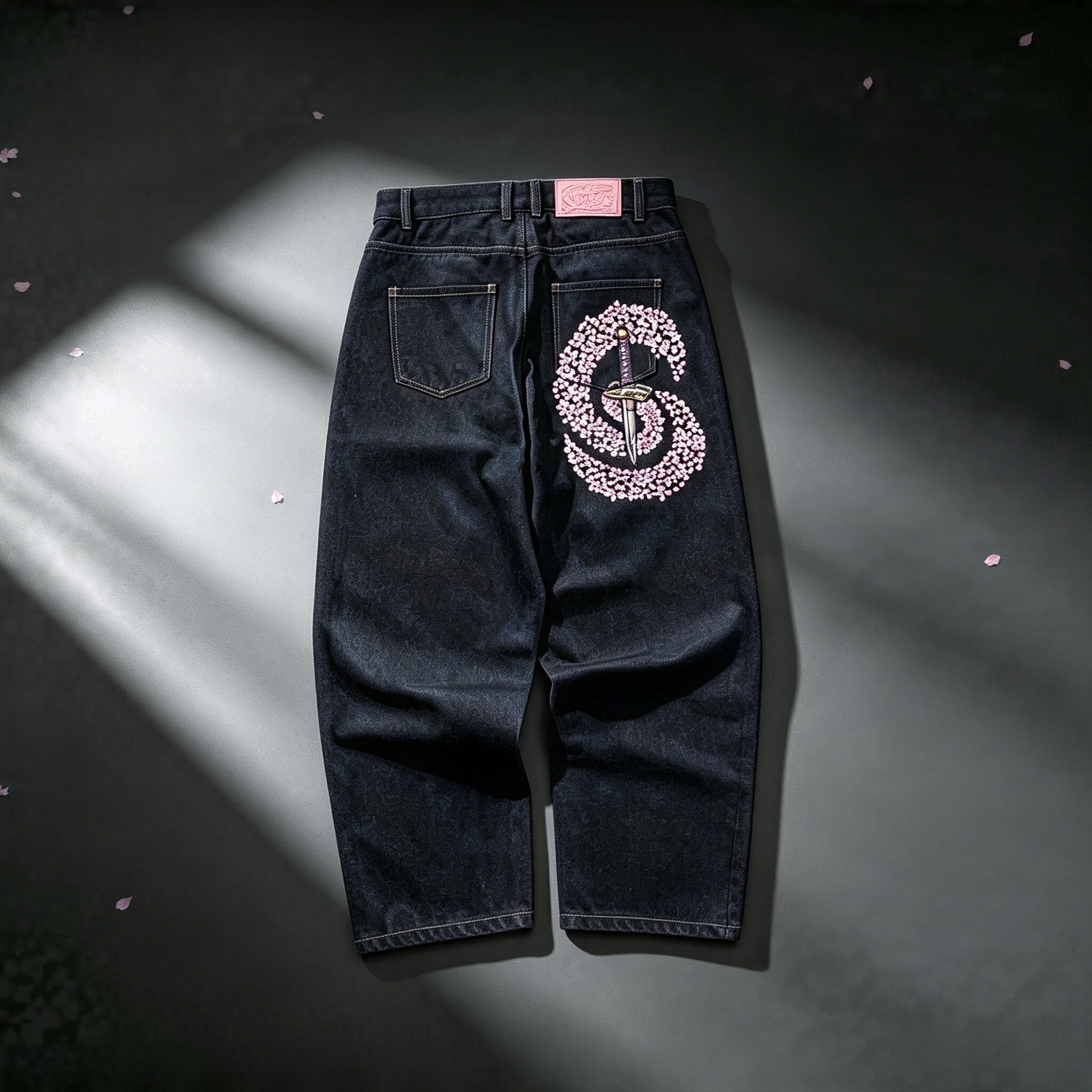 Męskie szerokie jeansy Y2K w stylu baggy, czarne, z haftem różowych kwiatów wiśni i miecza samurajskiego, spodnie denimowe z szerokimi nogawkami, streetwear retro, luźne jeansy hip-hopowe.