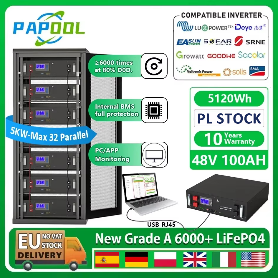 EU STOCK LiFePO4 48V 100Ah 200Ah Battery Pack 51.2V 5Kwh 10Kwh Solar Energy Storage Lithium Battery 6000 Cycles Built-in 16S BMS