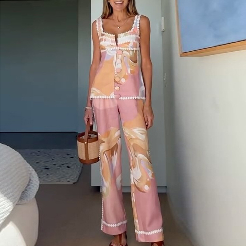 Sexy ärmelloses Neckholder-Weste- und gerade Hosen-Set, Bohemian-Stil, lässig, bedruckt, Urlaubstasche, zweiteiliges Set, modische, schmale Outfits mit Knöpfen