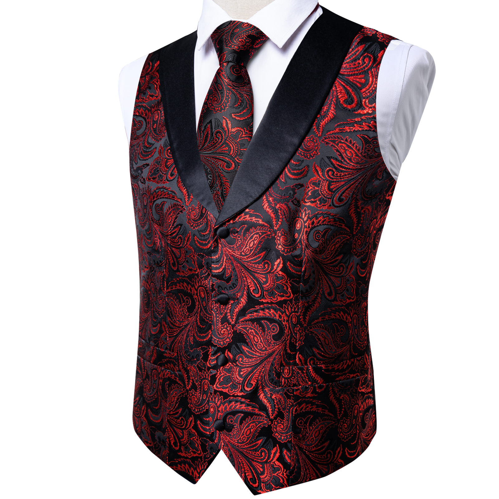 Colete Masculino de Luxo Dourado e Preto com Estampa Paisley Floral, Conjunto com Gravata, Abotoaduras e Lenço de Bolso, Colete Sem Mangas para Terno Masculino, Casamento