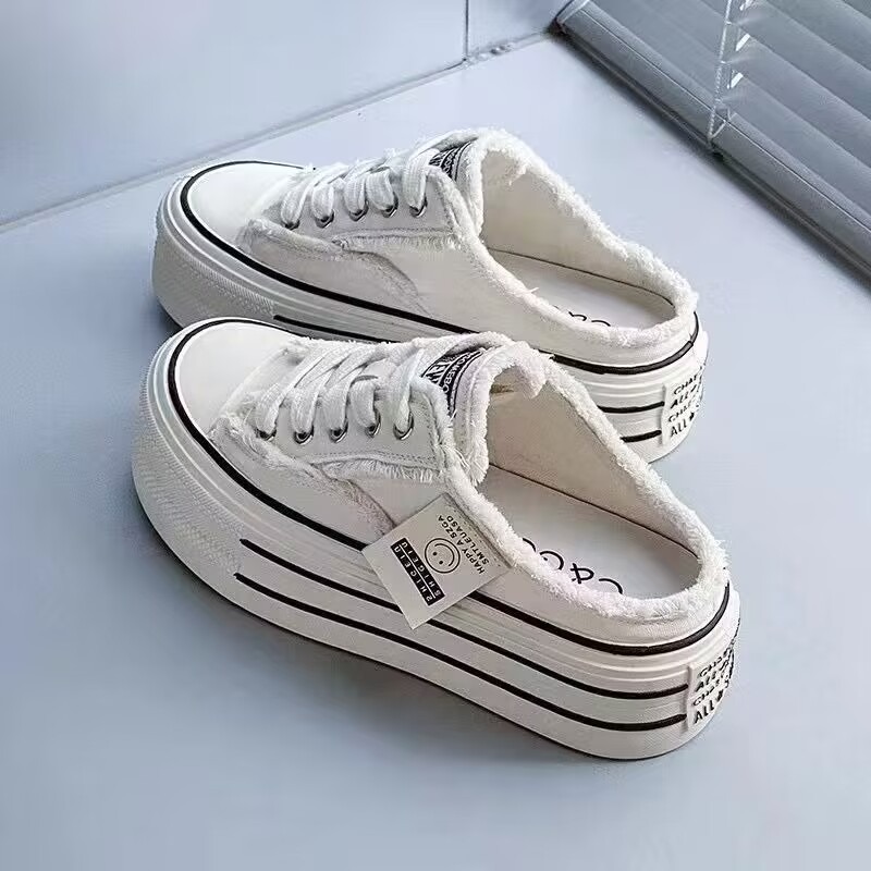 Zapatillas Baotou para mujer, zapatos de lona con cordones y cabeza redonda, sin tacón, suela gruesa perezosa, medio arrastre, otoño