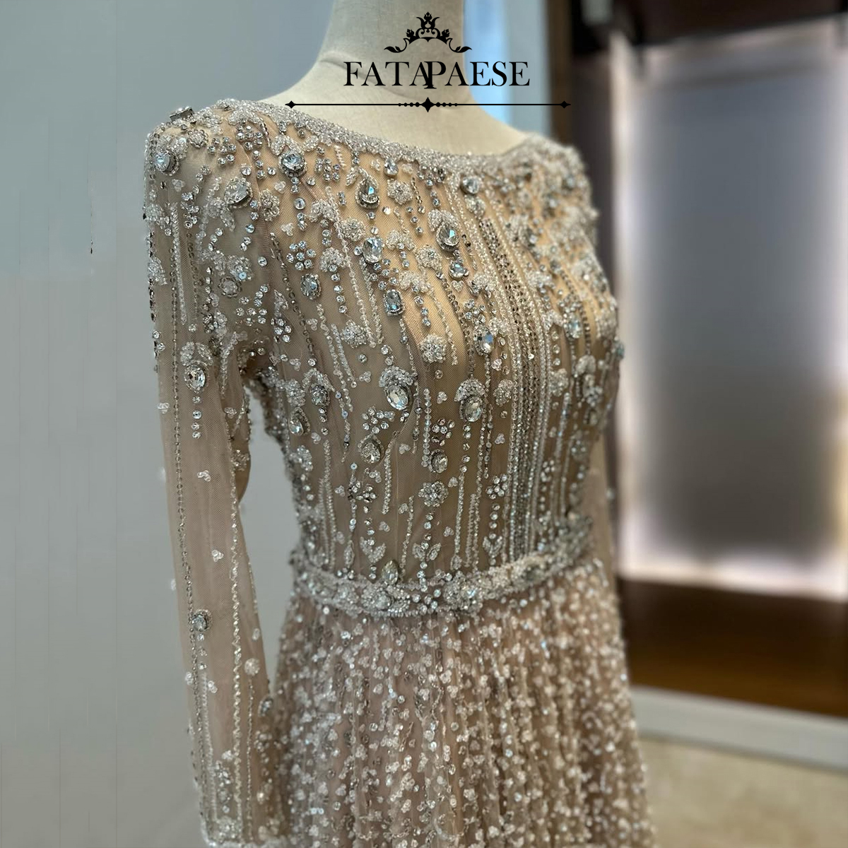 FATAPAESE personalizado Arabia Saudita manga completa totalmente con cuentas de cristal Sparking vestidos de noche saudíes de lujo vestidos para ocasiones formales