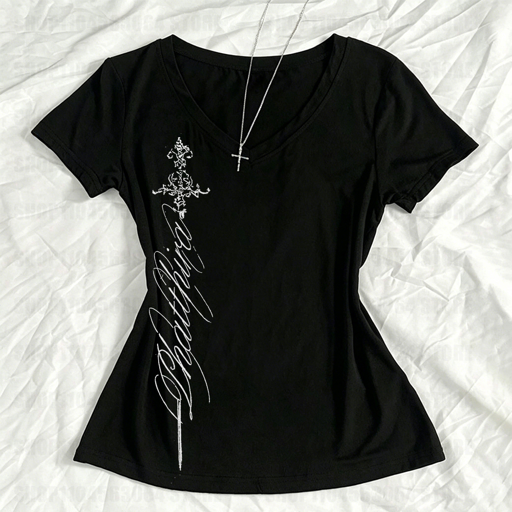 T-Shirt da Donna con Scollo a V, Stampa Vintage Elegante, Stile Grunge Gotico Y2k, Top Estetico Harajuku, Maglietta Casual da Donna