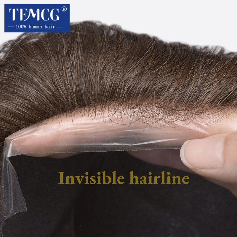 Prothèse capillaire pour hommes ultra-fine 0,03 mm, toupet à boucles en V, perruque pour hommes en cheveux humains Remy, ligne de cheveux invisible, prothèse capillaire masculine