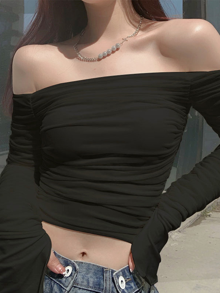 Siateczkowy patchwork damski krótki T-shirt z długim rękawem Ruched Off Shoulder Bodycon seksowna elegancka odzież uliczna 2023, wiosna lato