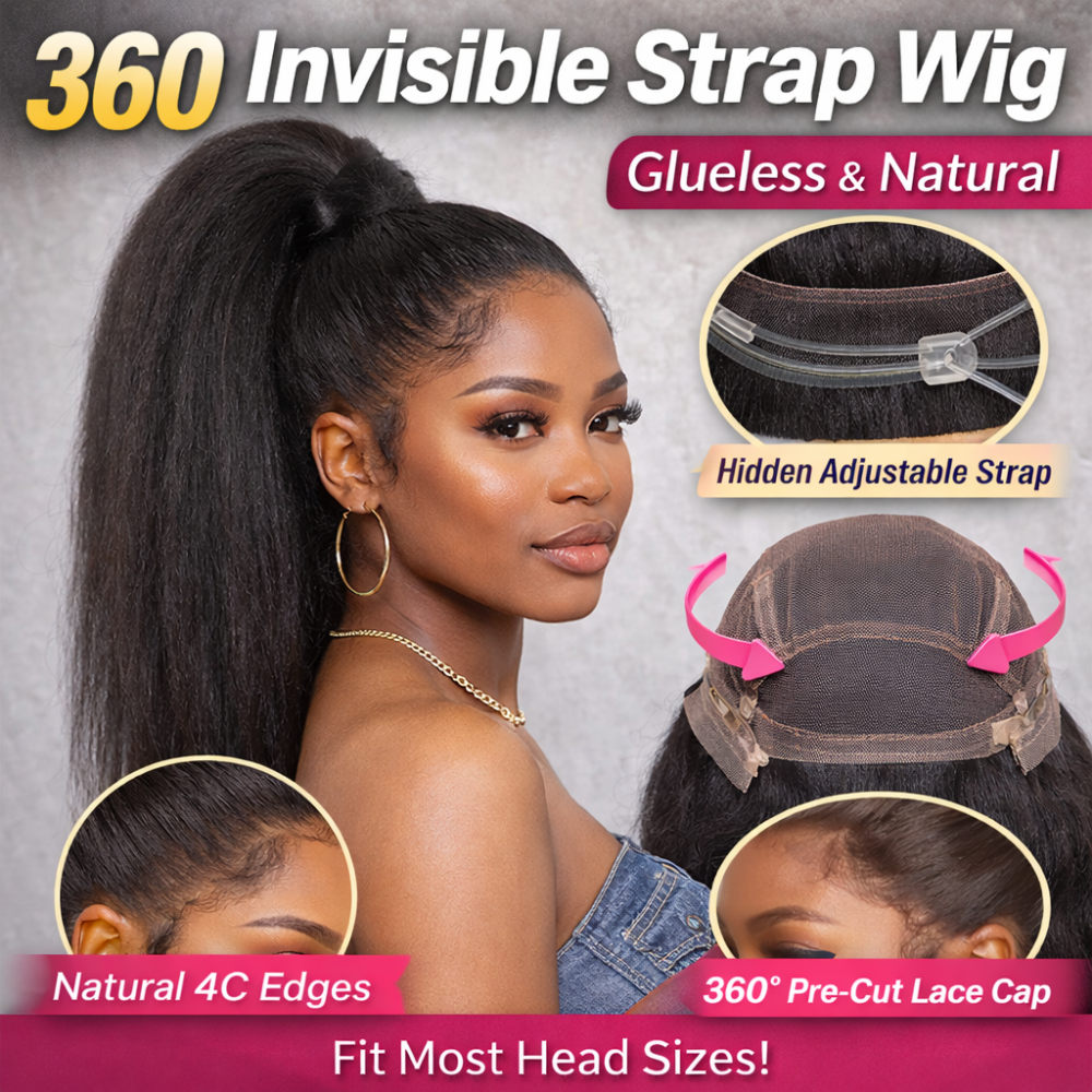 Peluca 360 de Cabello Humano Natural Liso Kinky de 250 Densidades con Encaje HD Invisible, Correa Pre-cortada y Nudos Decolorados para una Línea de Cabello Natural
