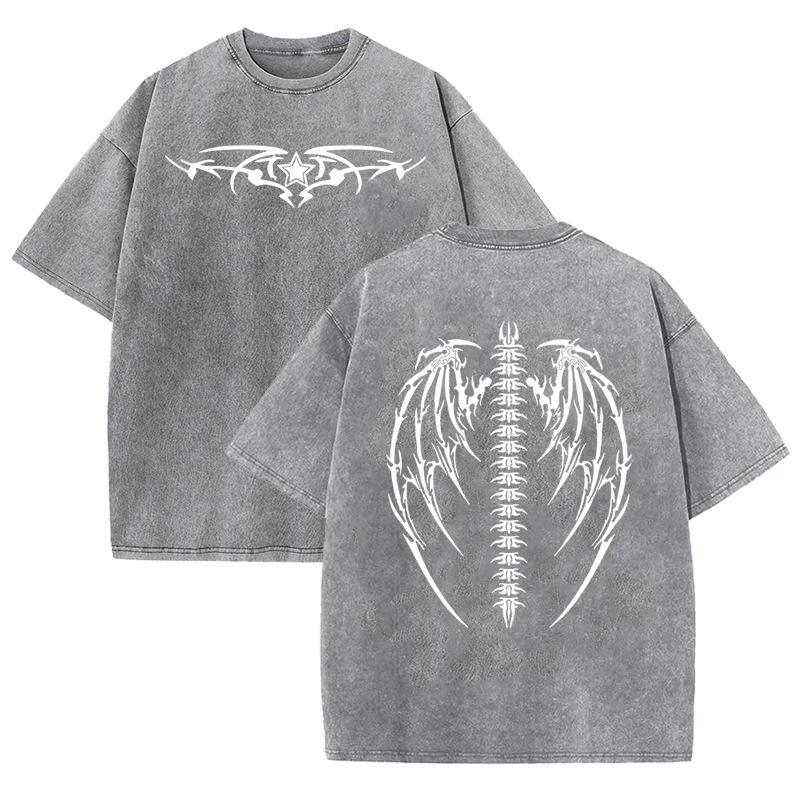 Gothic Tribal Wing Spine Print Vintage Washed Grey Y2K Lässiges Grafik-T-Shirt