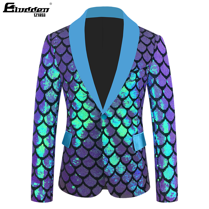 Vis Schaal Pailletten Mode Paars Kleurrijke Fluwelen Pailletten Blazer Masculino Mannen Pak Jasje Podium Zangeres Kostuum Glanzende Blazers