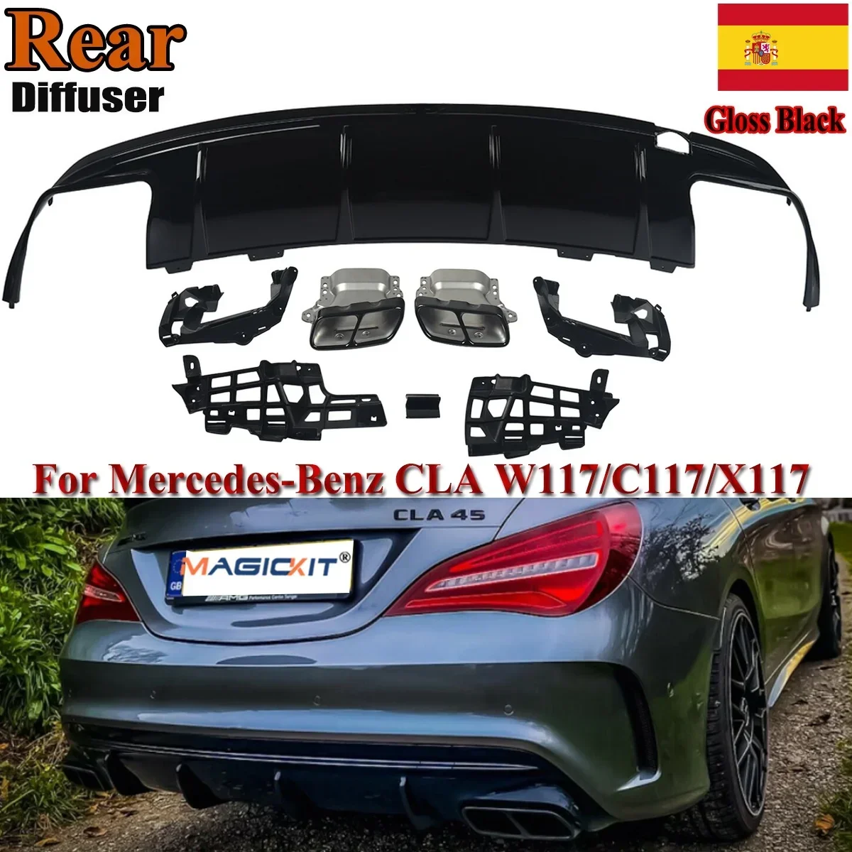 MagicKit dla Mercedes Benz AMG W117 C117 X117 tylny dyfuzor z rurami wydechowymi CLA260 CLA45 tylny zderzak błyszczyk czarny