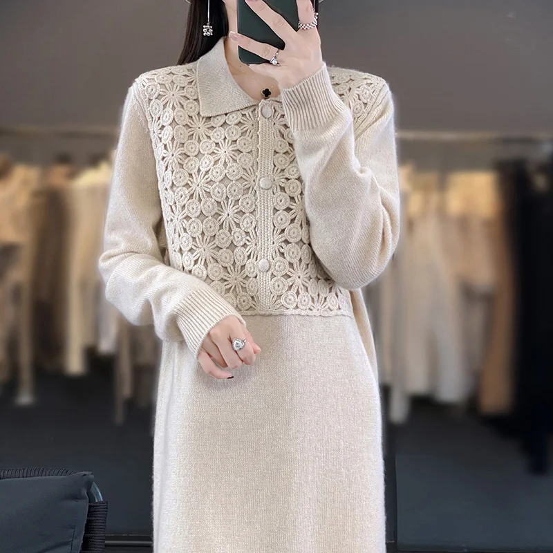 Langes, knielanges Damen-Pulloverkleid aus Kaschmir mit Polokragen, bestickter Strick, lockere, schmale Passform für Herbst und Winter