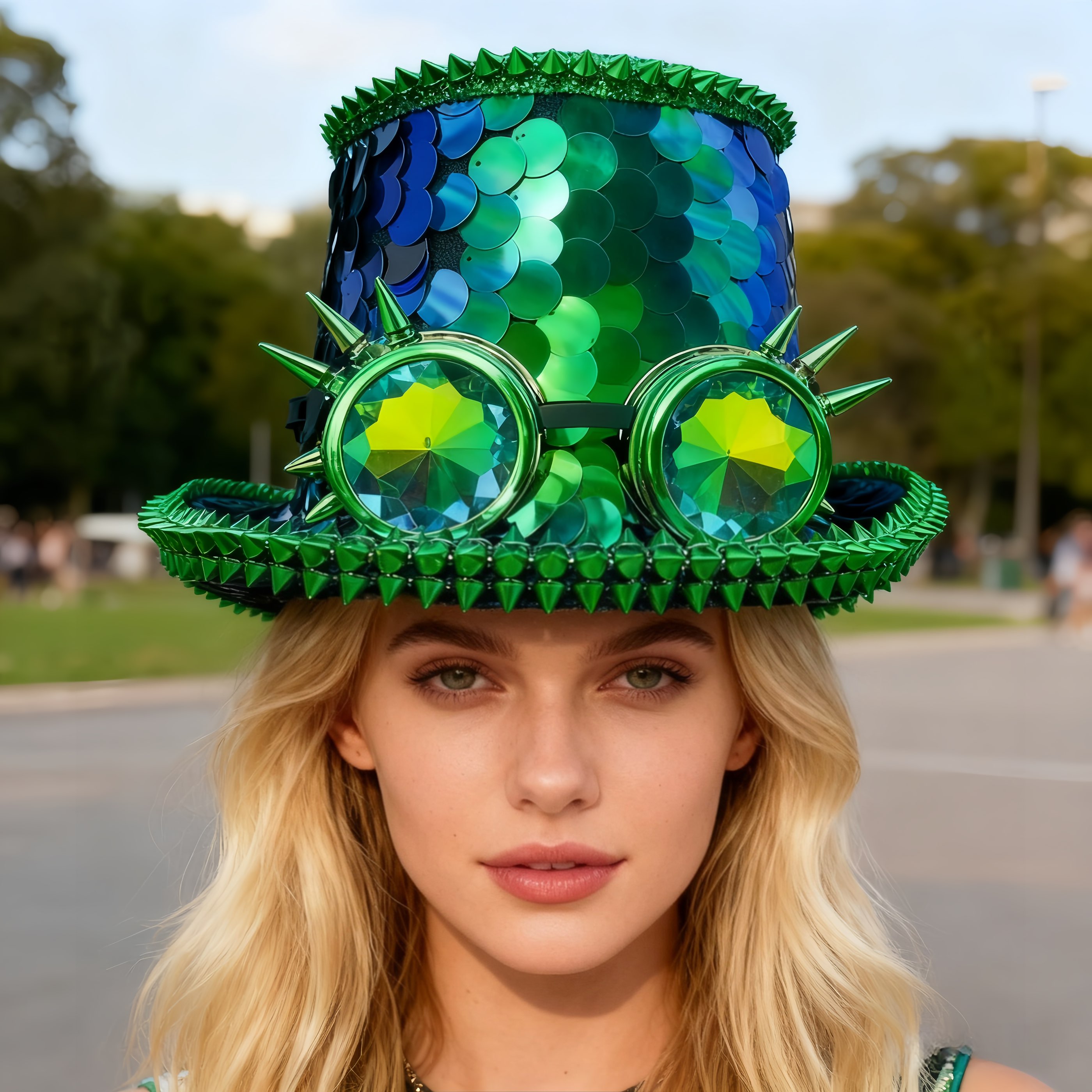 HongLuan Zielone Leopardzie Steampunkowe Cylinderki dla Mężczyzn, Cekinowy Cylinder Festiwalowy dla Kobiet z Goglami, Strój Burningman dla Kobiet