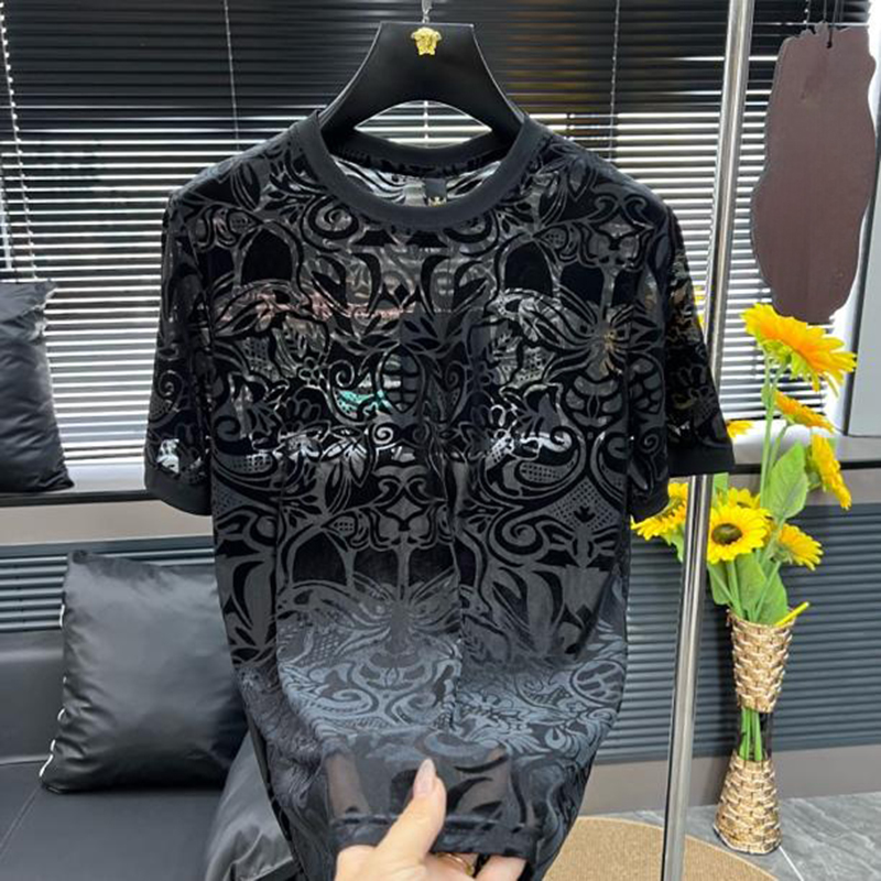 Trendy Jacquard Hollow T-shirts Men Ice Silk Breathable See Through Round Neck T-shirt Short Sleeve Casual Social Nightclub Tee