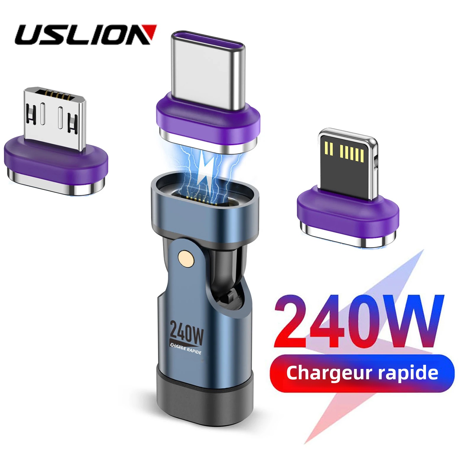 USLION 240W Type C adaptateur USB-C vers type-c câble de charge rapide magnétique USB C femelle convertisseur pour Macbook iPhone 16 15 Xiaomi