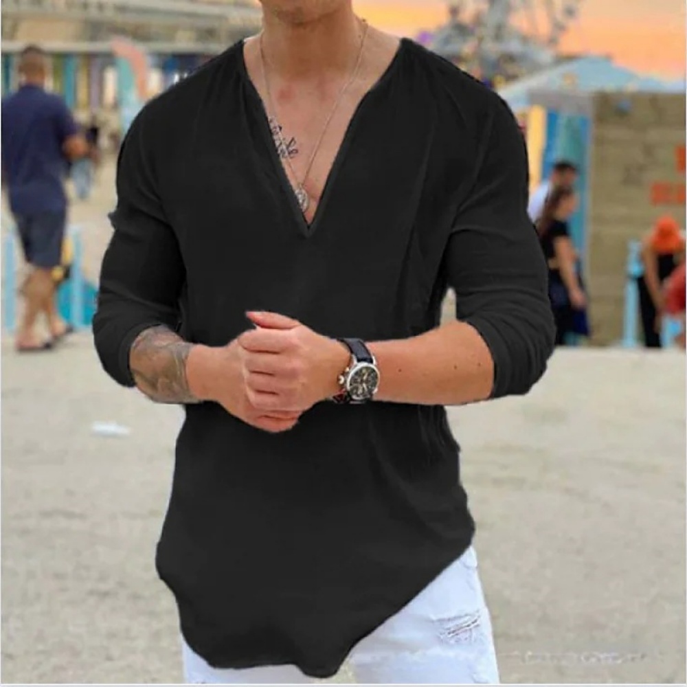Camicia casual da uomo nuova Tendenza Moda Scollo a V Allentato Street Style Tinta unita Pullover a maniche lunghe Primavera e autunno Top