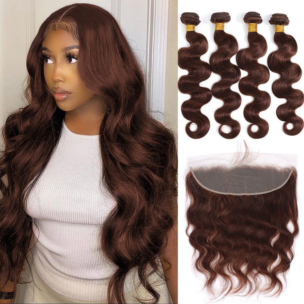 Pacotes de cabelo humano marrom com fechamento para mulheres, onda corporal brasileira colorida, extensões de fechamento frontal, 3 ou 4 pacotes, renda HD