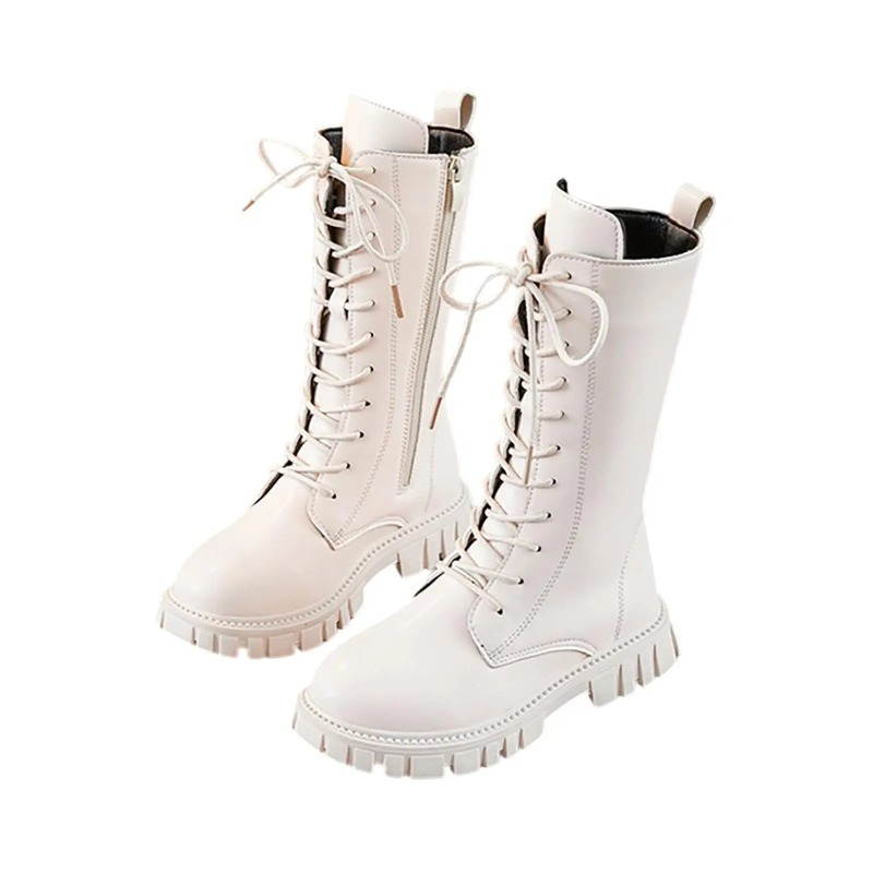 Botas de media caña de cuero con cordones blancas para niñas, con cremallera lateral, suela suave, para vestir/escuela, botas de equitación, moda otoño/invierno para niños