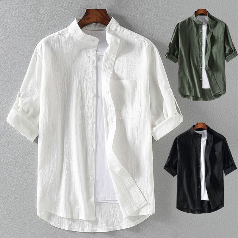 Chemise à manches courtes pour hommes, col montant, cinq points, manches mi-longues, à la mode, manches à sept points, grande taille, printemps et été