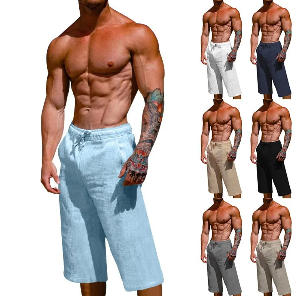 Summer Men's Casual Shorts Cotton Blended Long Elastic Waist Loose Pocket Drawstring 3/4 Length Shorts Daily Street Wear