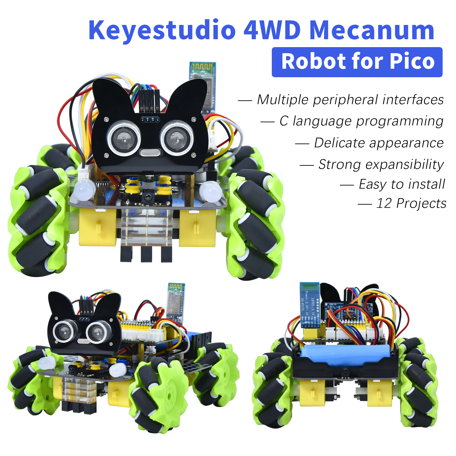 Keyestudio 4WD Raspberry Pi Pico Robot Auto Mecanum Robot Kit Voor Raspberry Pi Pico Robot STEM Ondersteuning Python & Arduino Programmering