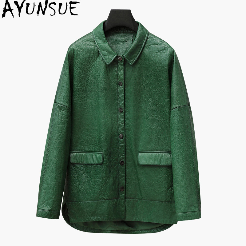 AYUNSUE-Chaqueta de piel de oveja con cera de aceite Real para mujer, chaquetas verdes Vintage, ropa de otoño, 2024