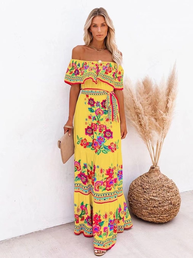 Robe longue trapèze Sexy pour femmes, asymétrique épaule dénudée, mode fleur rouge imprimée, taille à lacets, nouvelle collection printemps été 2024
