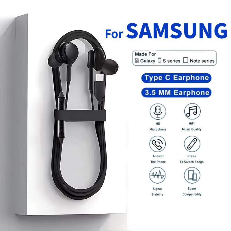 หูฟังแบบมีสาย Type C รุ่นดั้งเดิม สำหรับหูฟังแบบใส่ในหู Samsung S25 S24 S23 S22 S21 S20 ช่องเสียบ 3.5 มม. Note10 Xiaomi Redmi VIVO