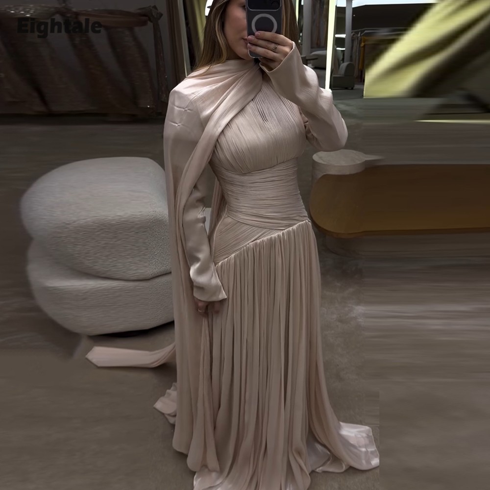 Eightale Arabic Evening Dress O-Neck Pleats Crepe Customized Floor Length Muslim Cape Sleeves A-Line Prom Wedding Party Gown