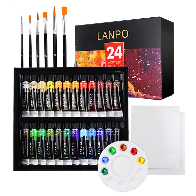 Pintura acrílica 12/24 con pincel y paleta, tubo de pintura acrílica impermeable para madera/lienzo/tela, Kit de dibujo artístico, 12 ML