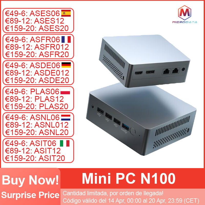 MicroData-Mini PC N100, 8GB, 256GB,16G, 512G, Intel 12. ª generación, 4 núcleos, pantalla Dual, salida 4K, DDR5, WIFI, 2,4G/5G, BT4.2