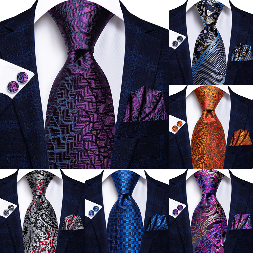 Cravates de créateur élégantes pour hommes, cravates de luxe fantaisie violettes pour gentlemen, nouvelles cravates d'affaires en soie bleue et rouge avec boutons de manchette et pochette de costume
