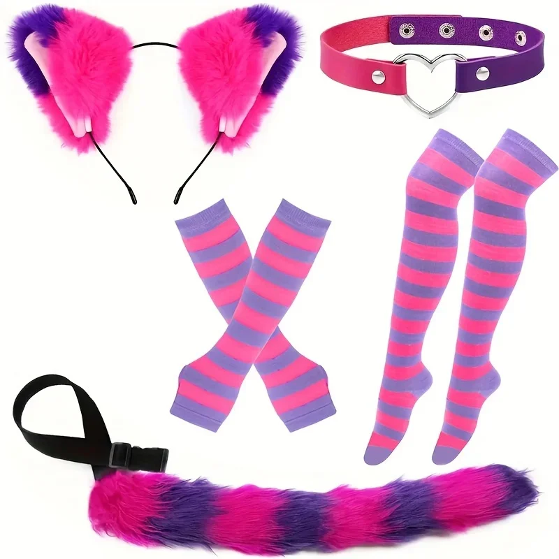 Set kostum permainan peran dengan garis-garis hitam dan putih, ekor berbulu, sarung tangan dan kaus kaki, alat peraga akting untuk Halloween
