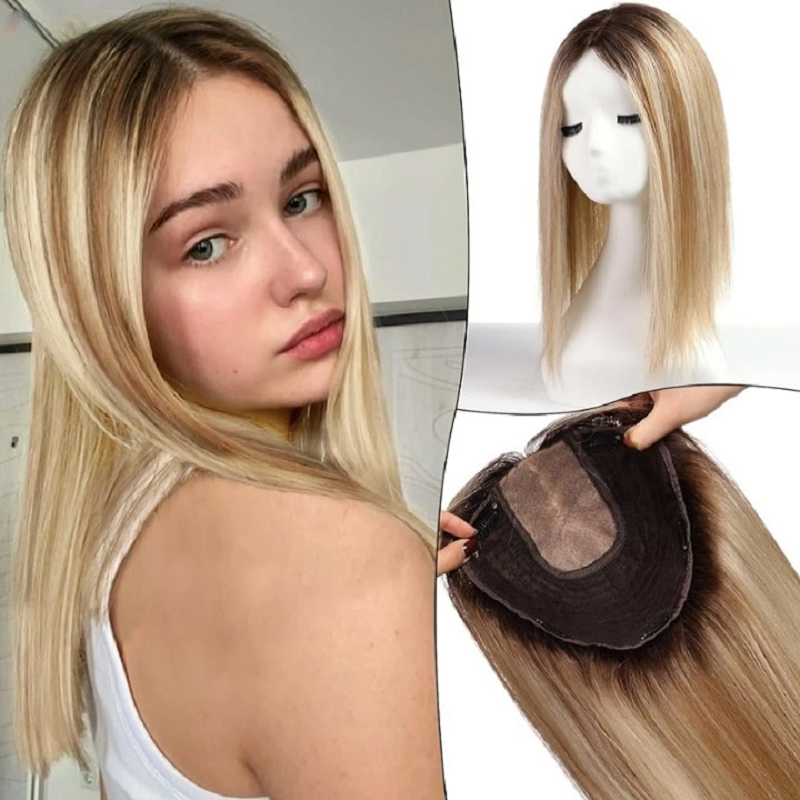 Toppers de cabelo humano marrom loiro, 9x9 polegadas, 5 clipes, base de seda, 16 polegadas, natural, remy, peça de extensão para mulheres
